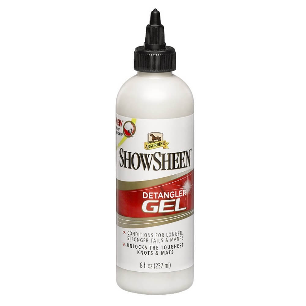 A bottle of Absorbine Detangler gel for horses. The product is in a white squeeze bottle with red and green labeling.