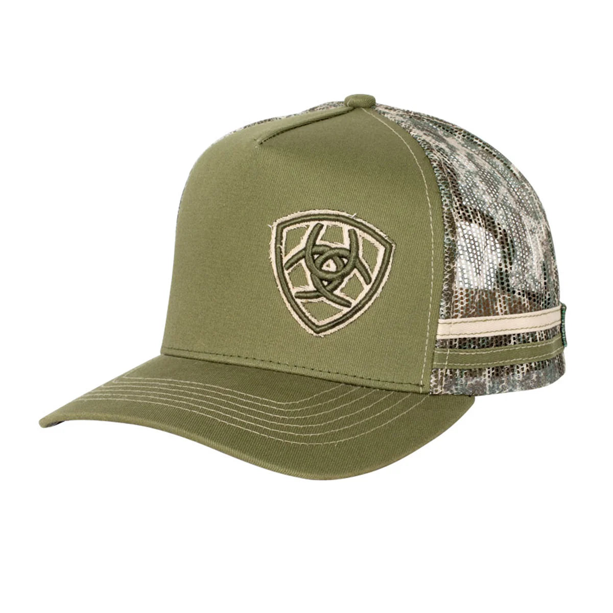 Green trucker cap with mesh back and logo on a white background