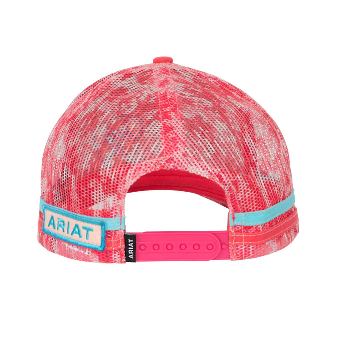 Pink mesh cap with Ariat logo on a white background