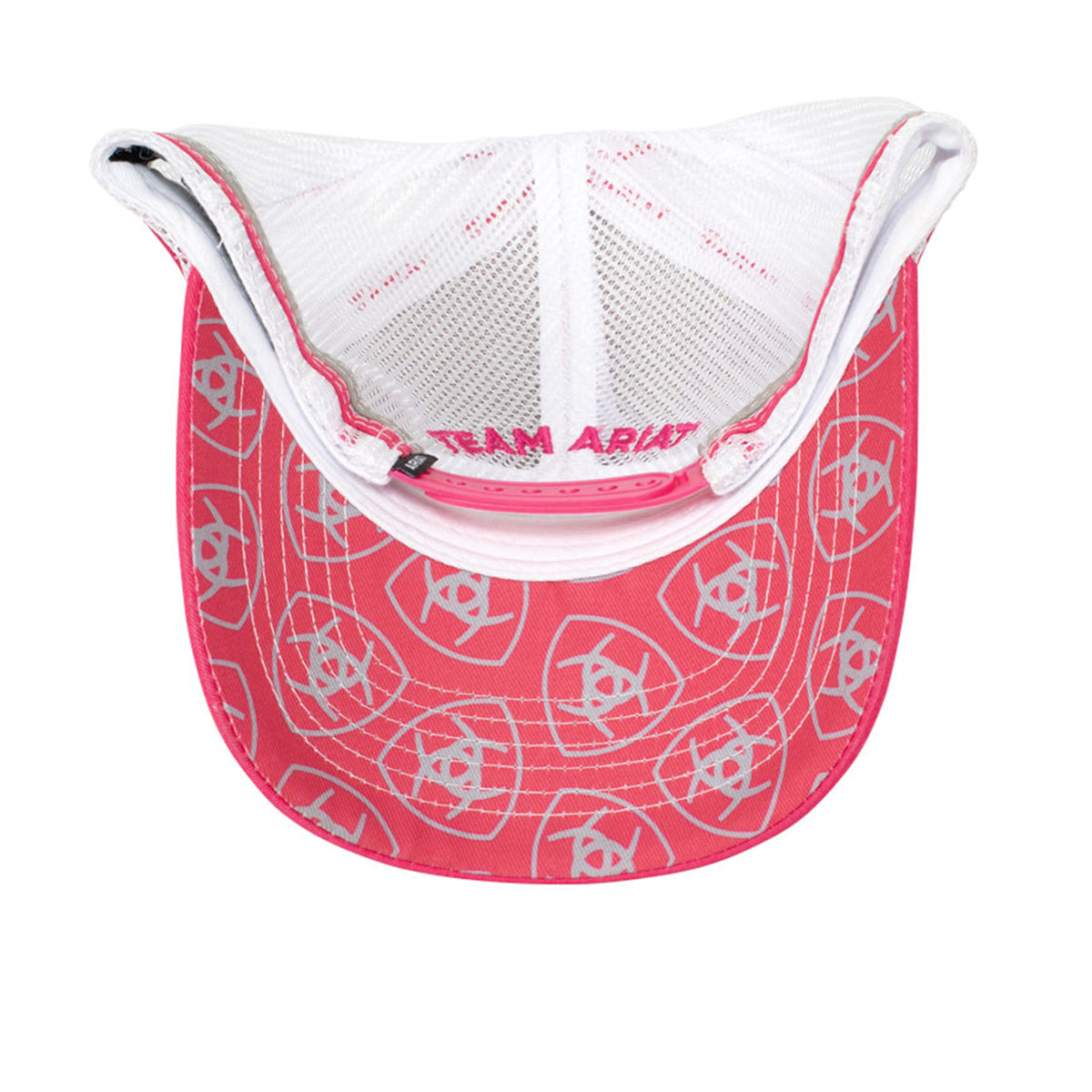 Ariat Women's Est Patch Trucker Cap. Pink and white cap with Ariat logo on a white background