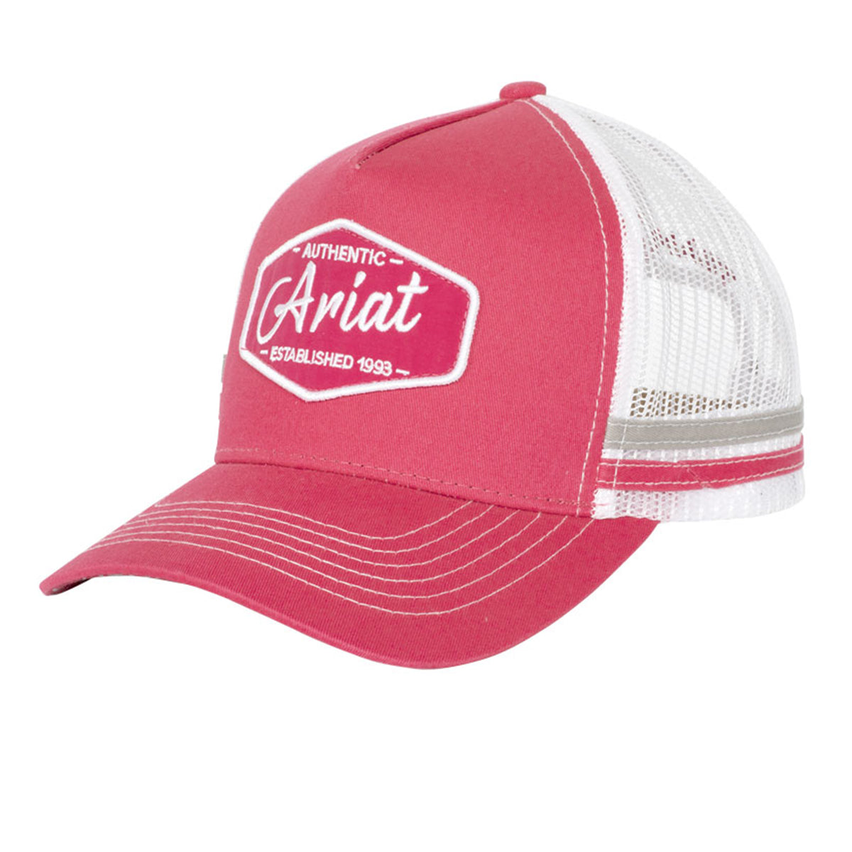 Ariat Women's Est Patch Trucker Cap. Pink and white cap with Ariat logo on a white background