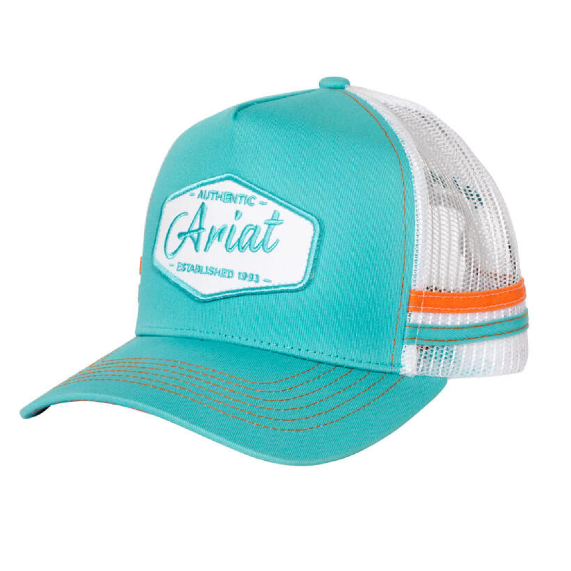 Ariat Women's Est Patch Trucker Cap. Teal trucker hat with white mesh back and orange stripe on a white background