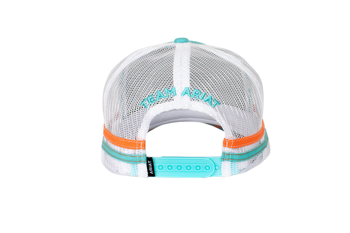 Ariat Women's Est Patch Trucker Cap. White mesh cap with teal and orange accents on a white background