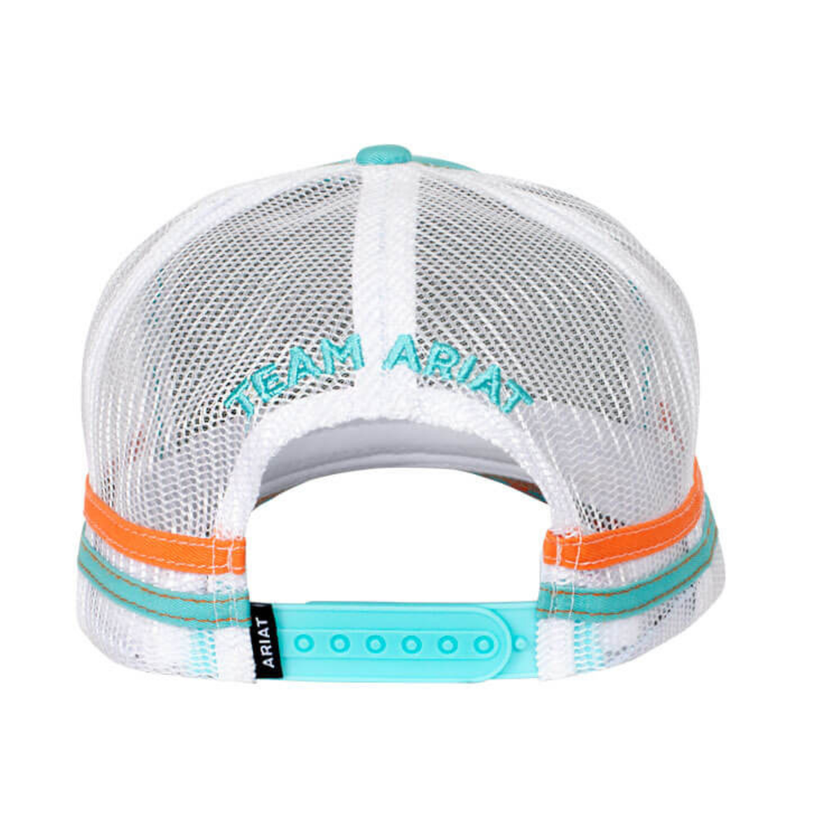 Ariat Women's Est Patch Trucker Cap. White mesh cap with teal and orange accents and 'Team Ariat' text on a white background