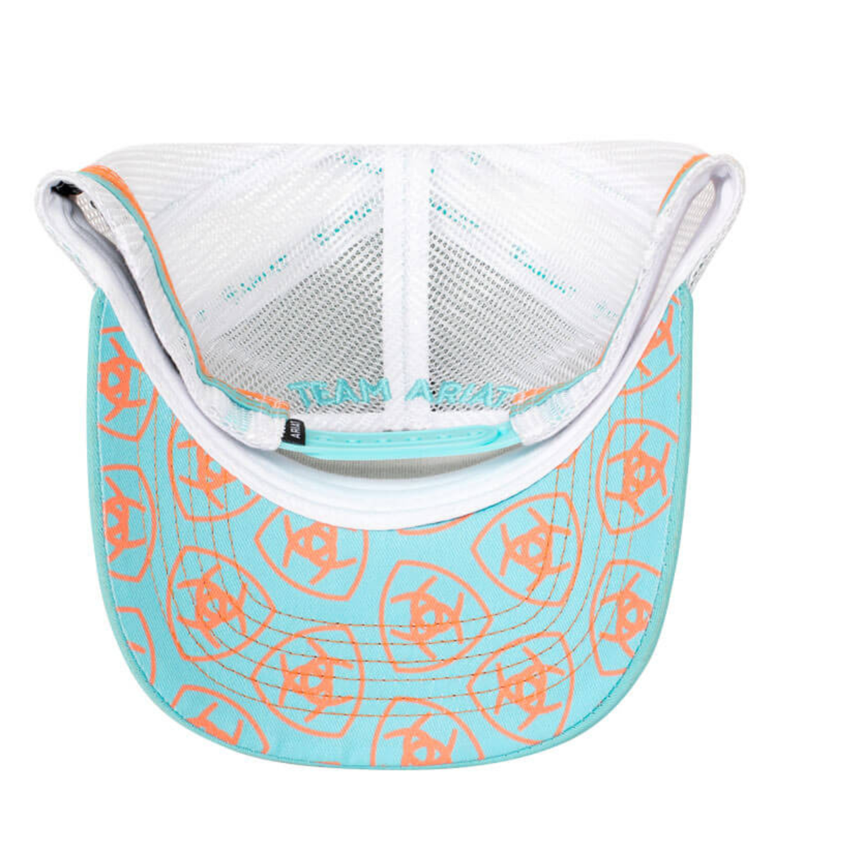 Ariat Women's Est Patch Trucker Cap. Light blue cap with orange patterns on a white background