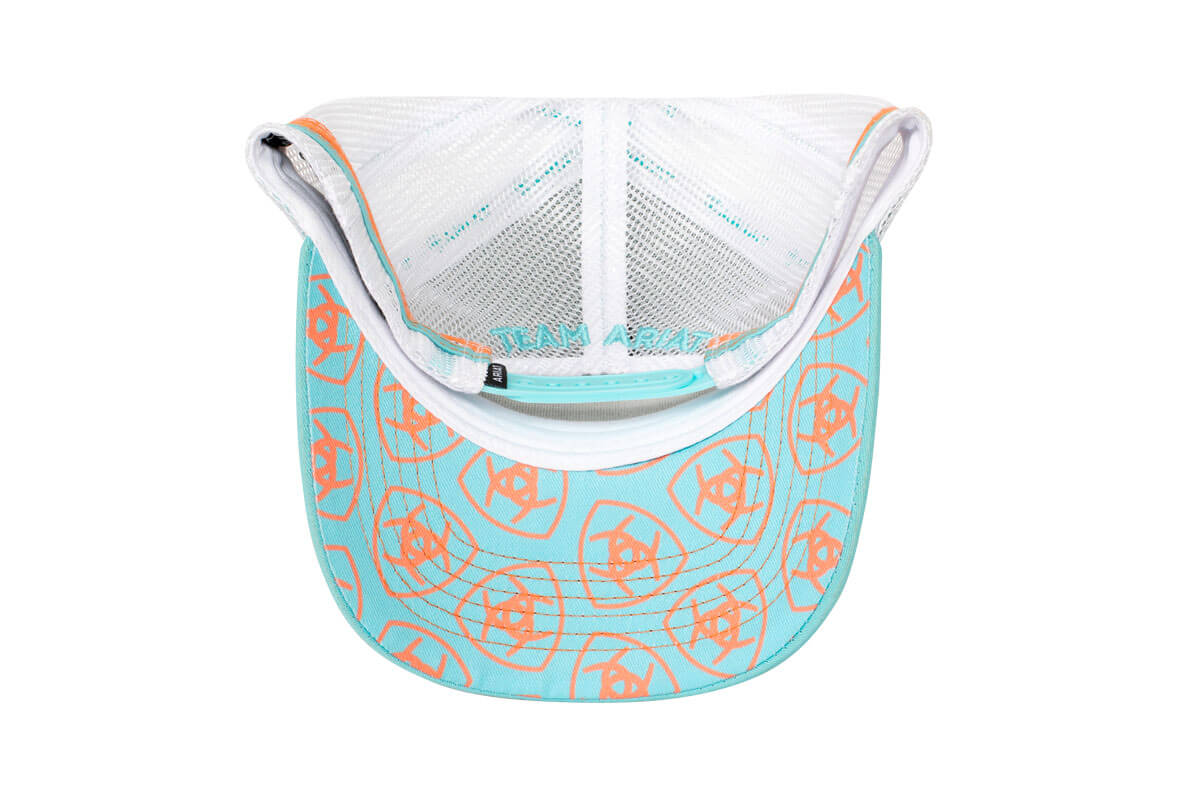 Ariat Women's Est Patch Trucker Cap. Light blue cap with orange patterns on a white background