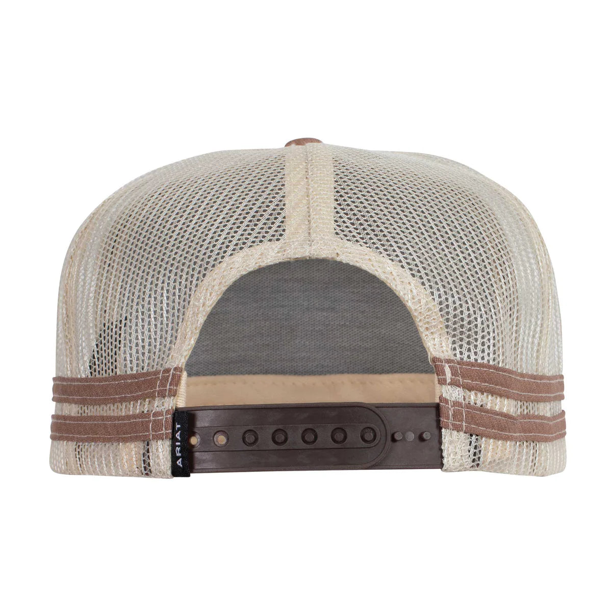 Back view of a beige mesh cap with brown leather straps on a white background