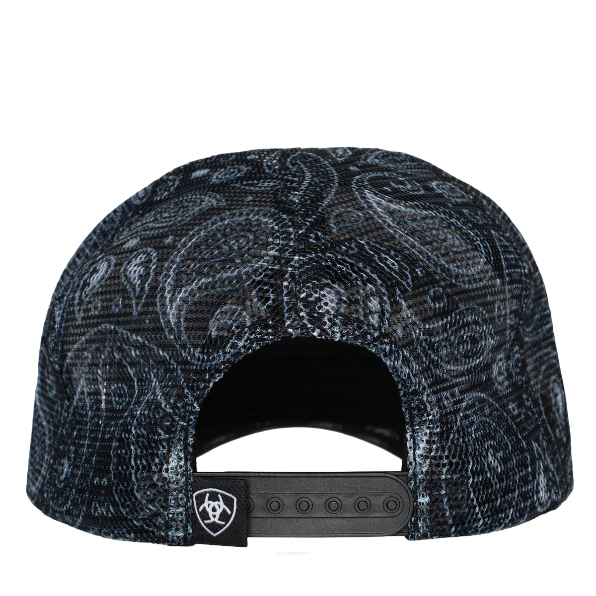 Black patterned cap with a brand logo on a white background