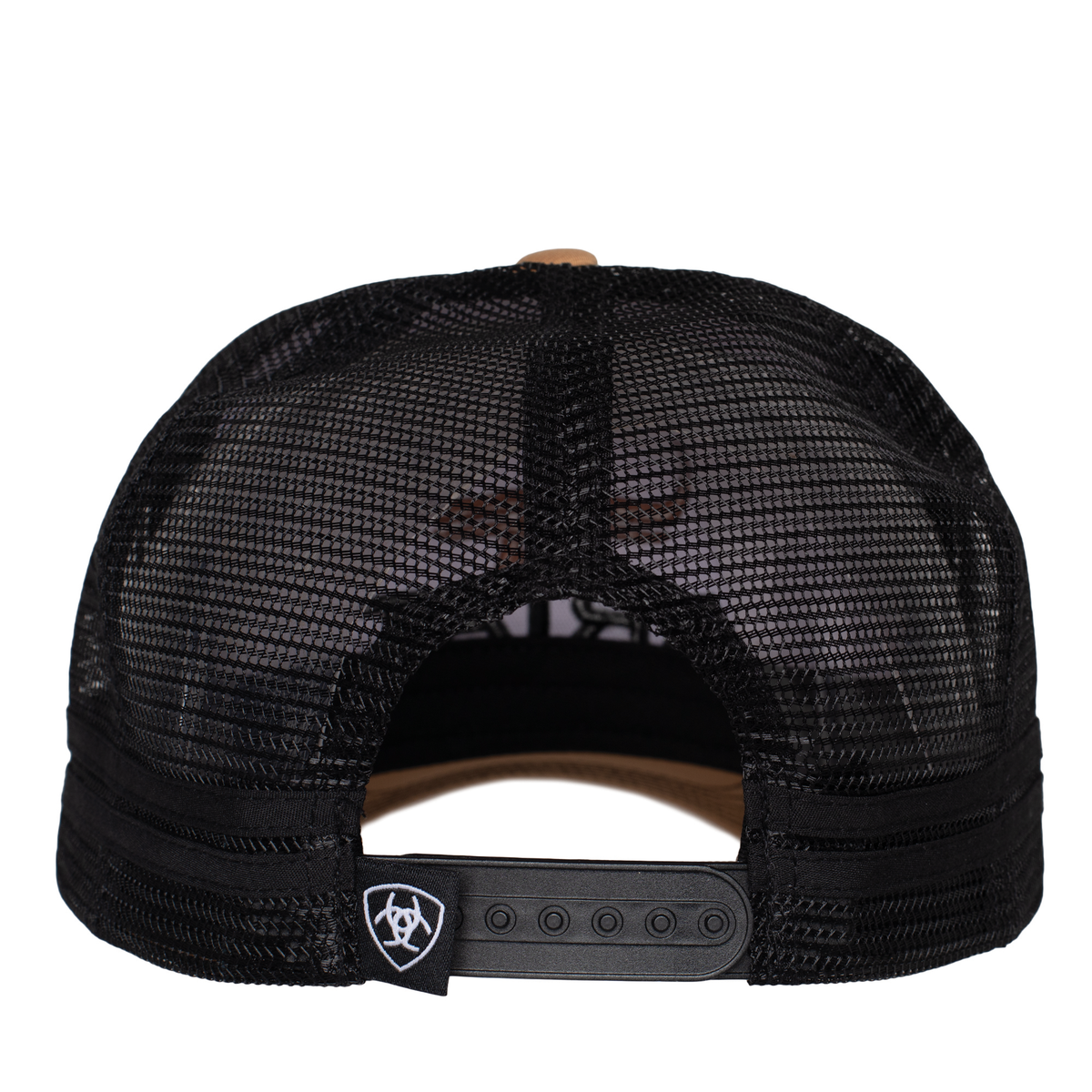 Ariat Bull Horn Trucker Cap. Black mesh cap with a brand logo on the back on a white background