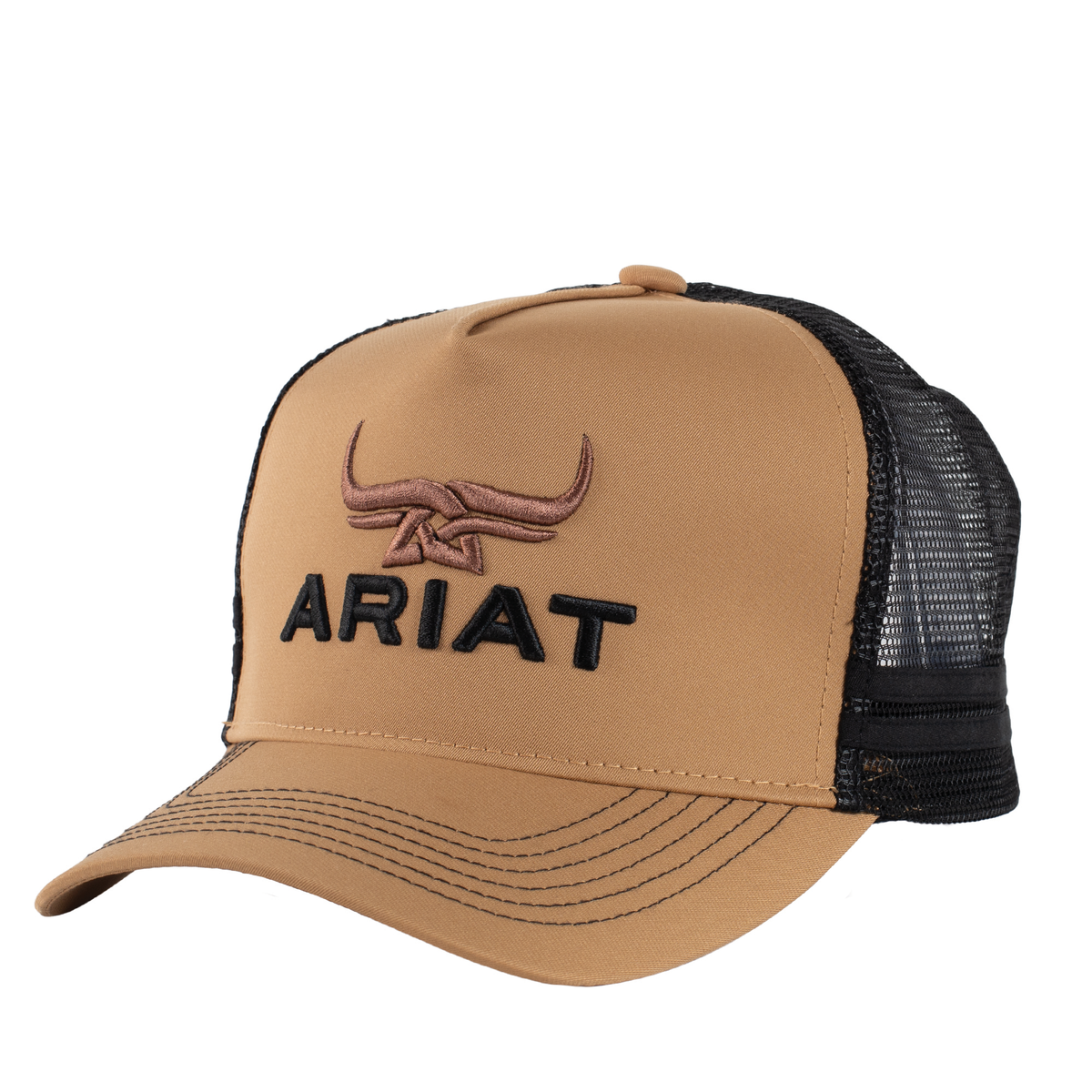 Ariat Bull Horn Trucker Cap. Brown trucker cap with black mesh and Ariat logo on a white background