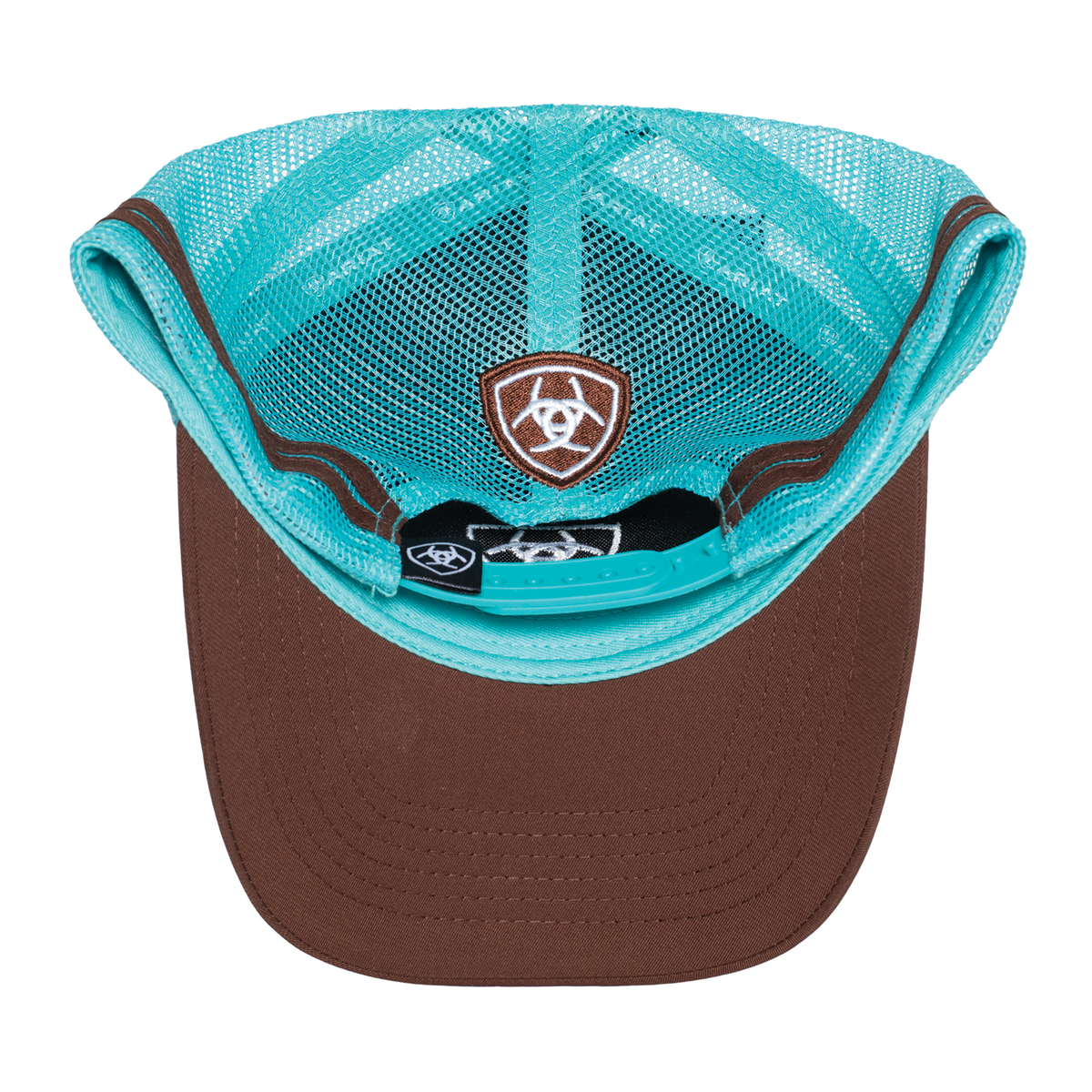 Ariat Stacked Logo Trucker Cap. Brown and blue Ariat cap on a white background