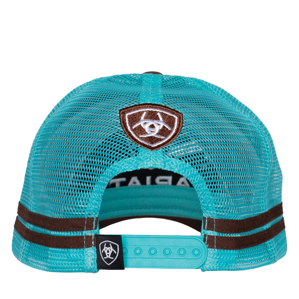 Ariat Stacked Logo Trucker Cap. Turquoise mesh cap with brown accents and a logo on a white background