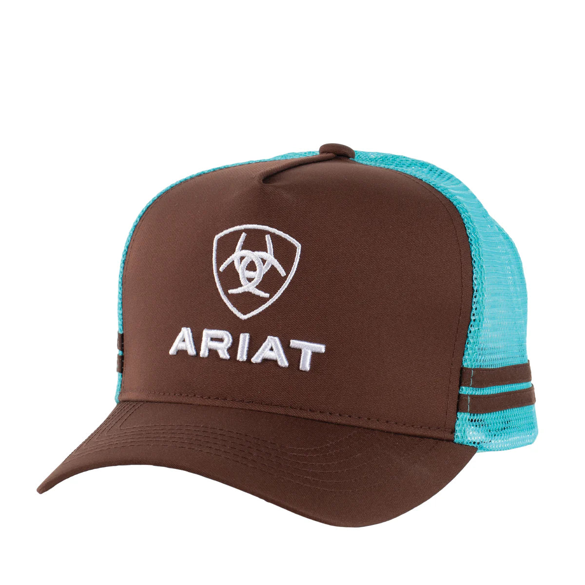 Ariat Stacked Logo Trucker Cap. Brown and blue Ariat cap on a white background
