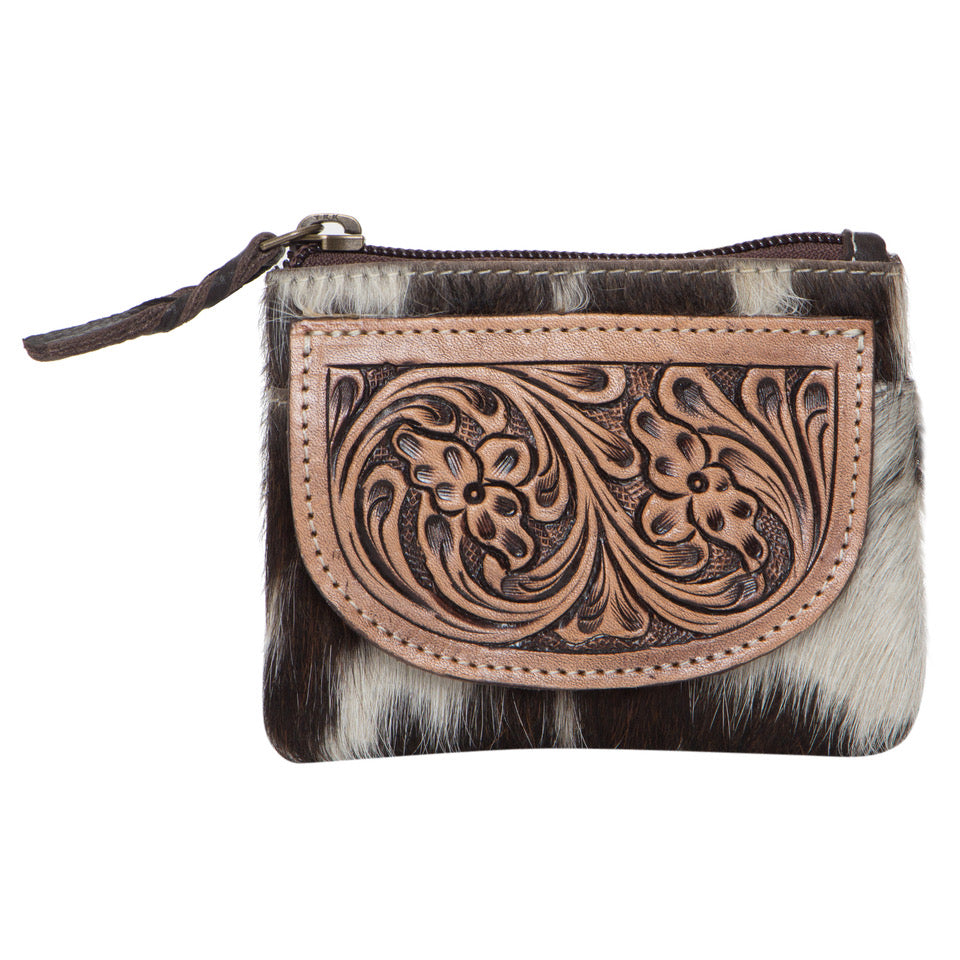 Tooling Leather Brown Cowhide Zip Purse. Small pouch with leather tooled design on a white background