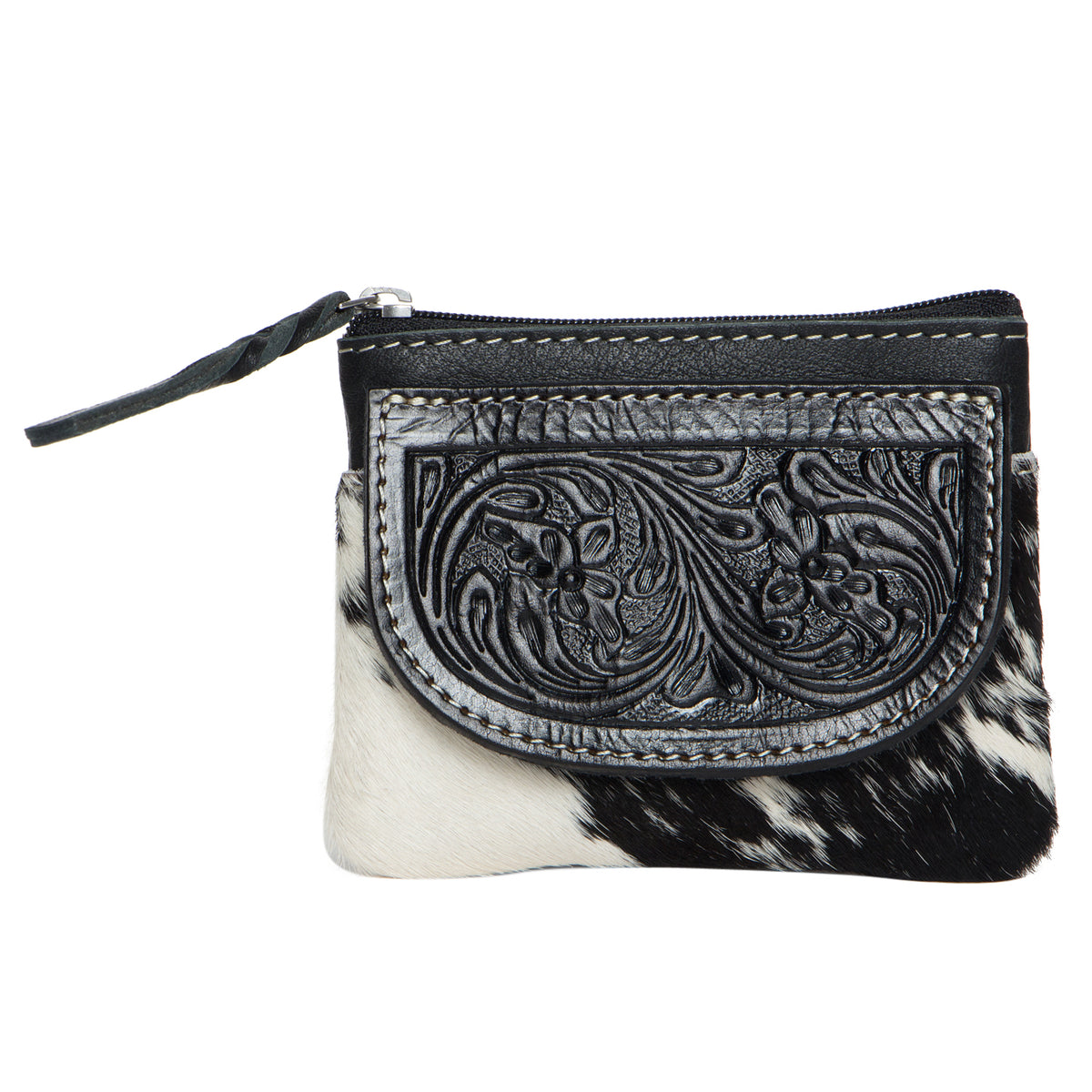 Tooling Leather Black and White Cowhide Zip Purse. Small pouch with black floral tooled leather flap and black and white cowhide body on a white background