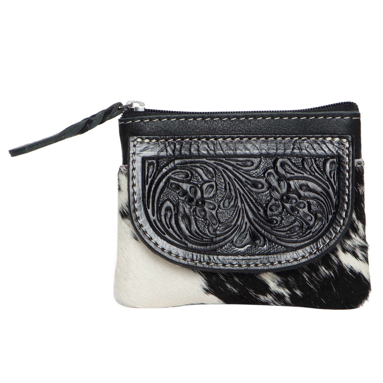 Tooling Leather Black and White Cowhide Zip Purse. Small pouch with black floral tooled leather flap and black and white cowhide body on a white background