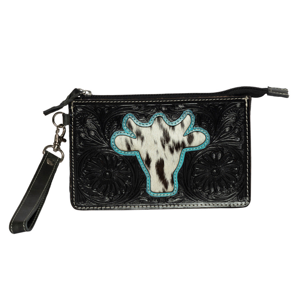 The Design Edge Women's Bullhead Clutch. Black leather wallet with cowhide cross and turquoise detailing on a white background.