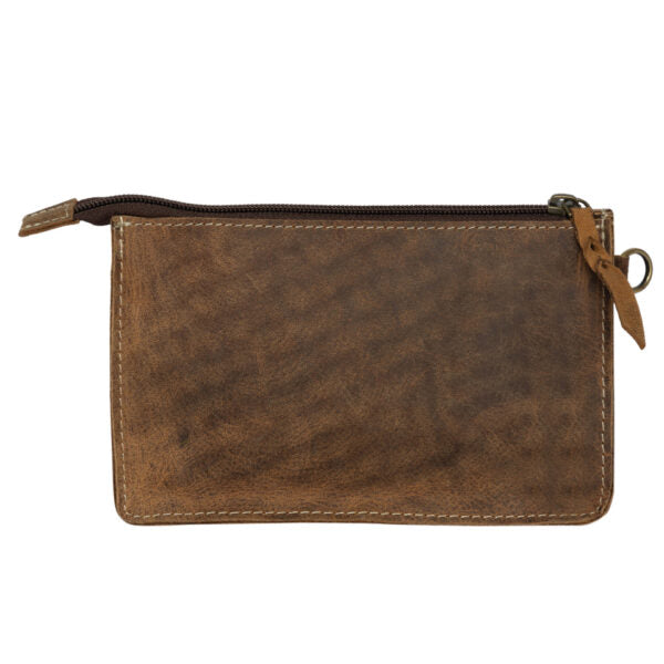 The Design Edge Women's Bullhead Clutch. Brown leather pouch with zipper on a white background