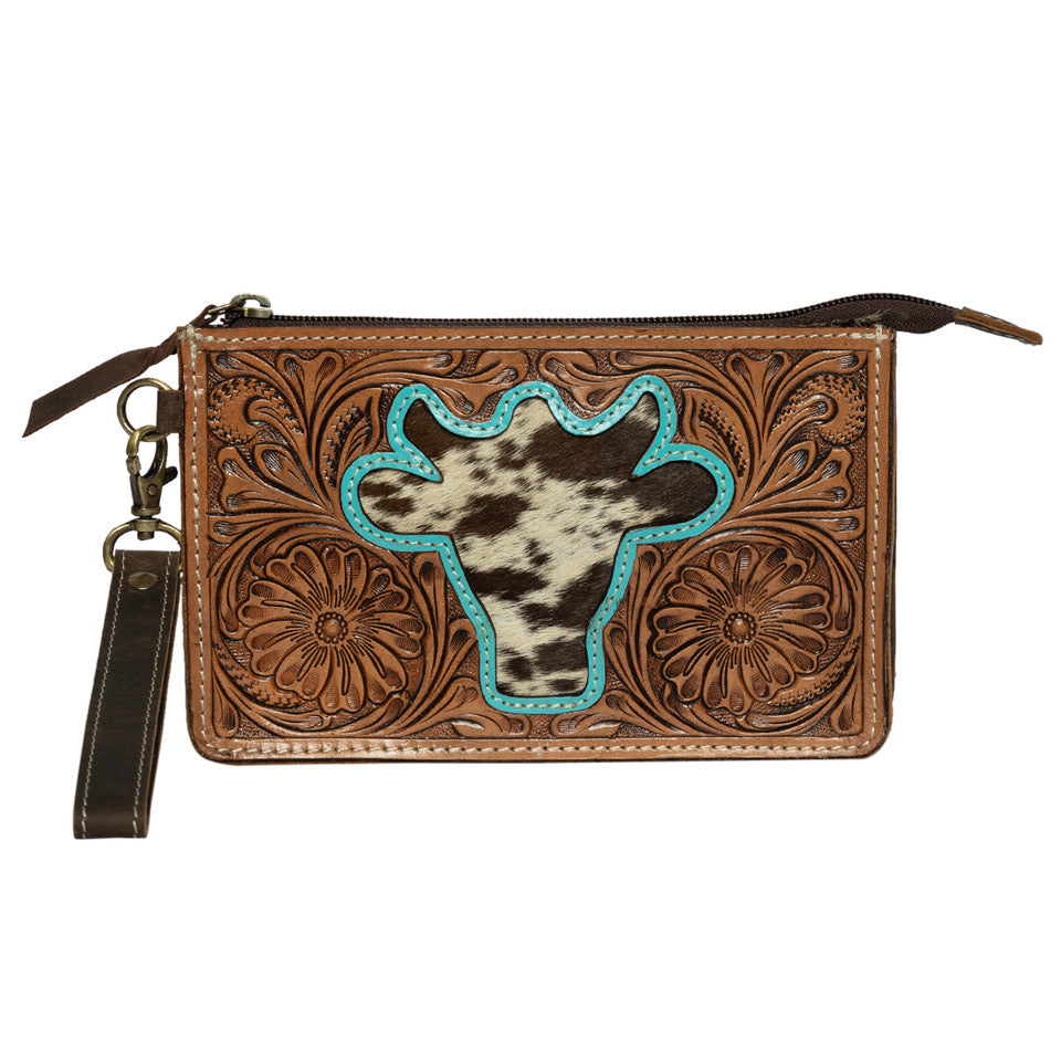 The Design Edge Women's Bullhead Clutch. A brown leather clutch with a bullhead design, featuring intricate tooling and a detachable wristband.