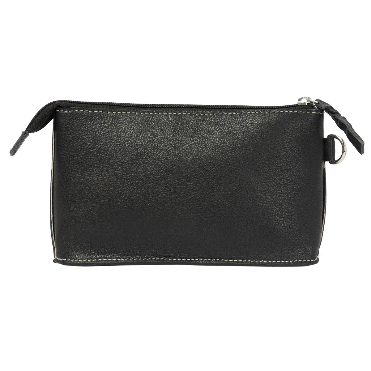 Black leather pouch with a zipper on a white background