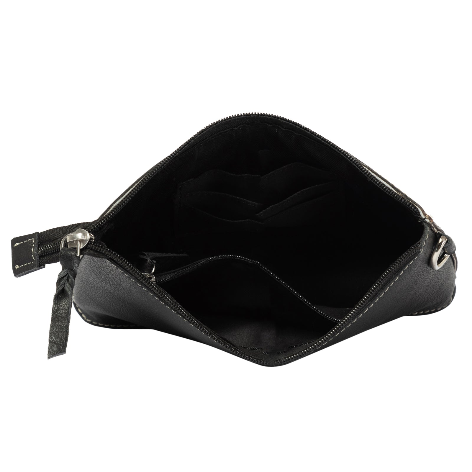 Black leather bag with a zipper on a white background