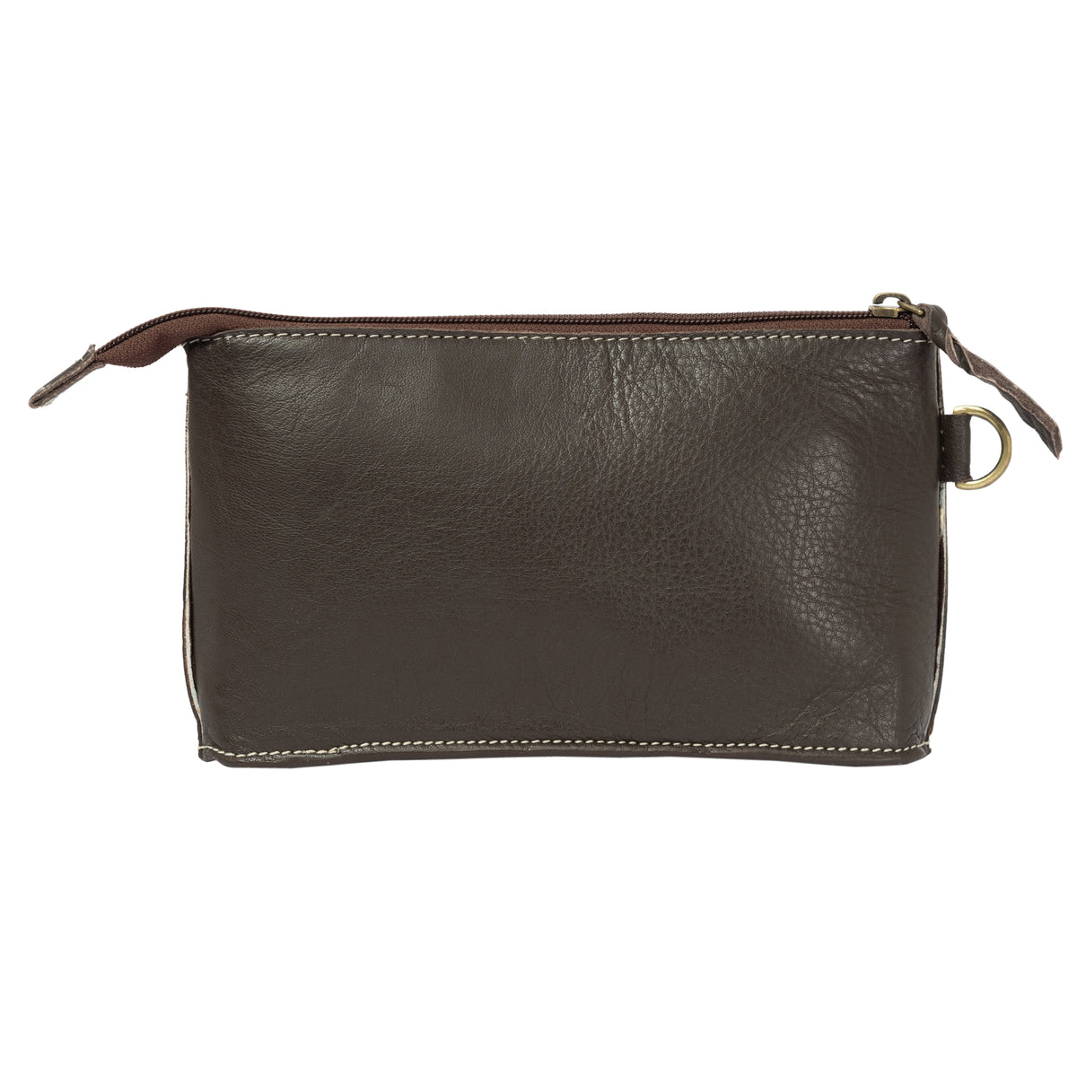 Brown leather pouch with zipper on a white background