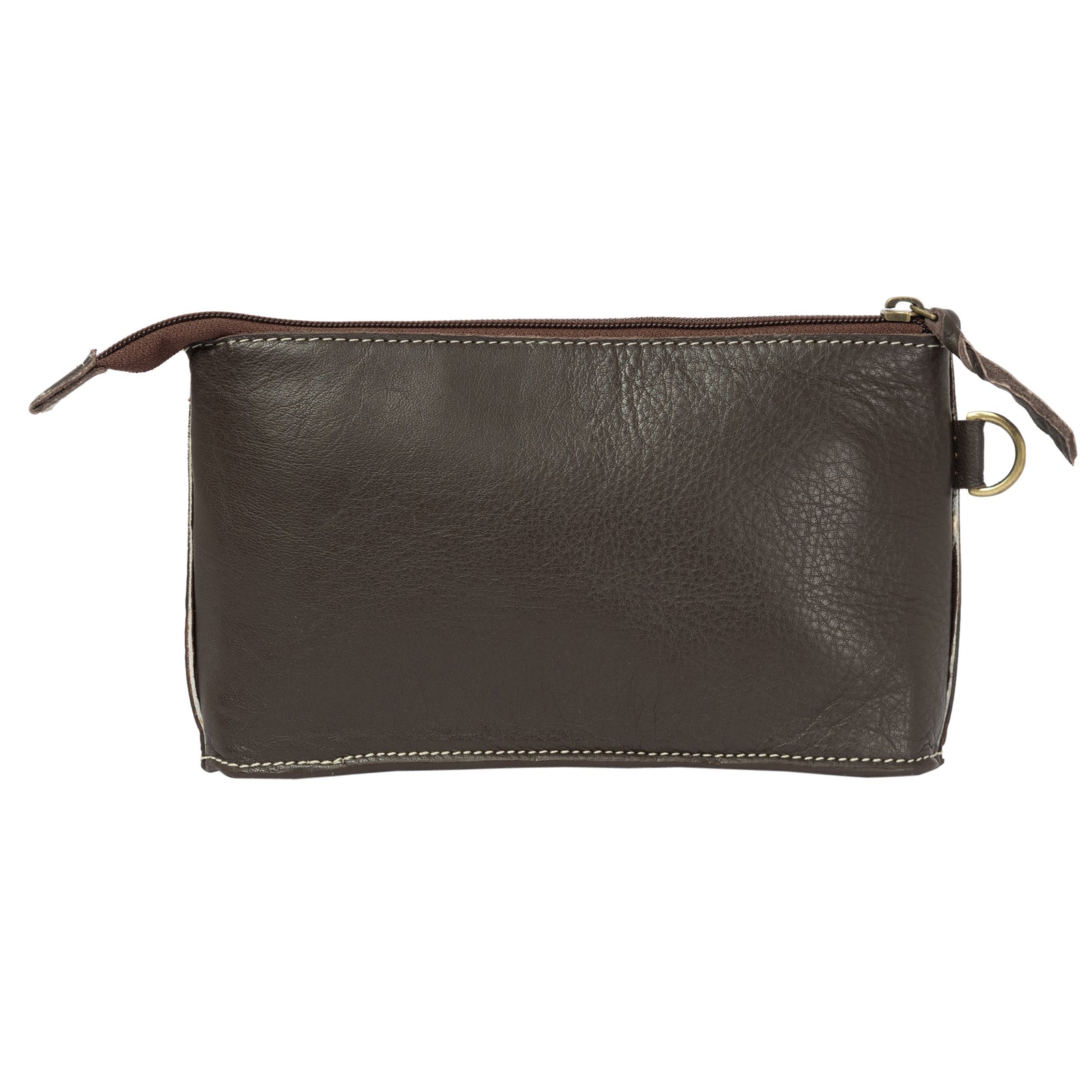 Brown leather clutch with floral patterns on a white background