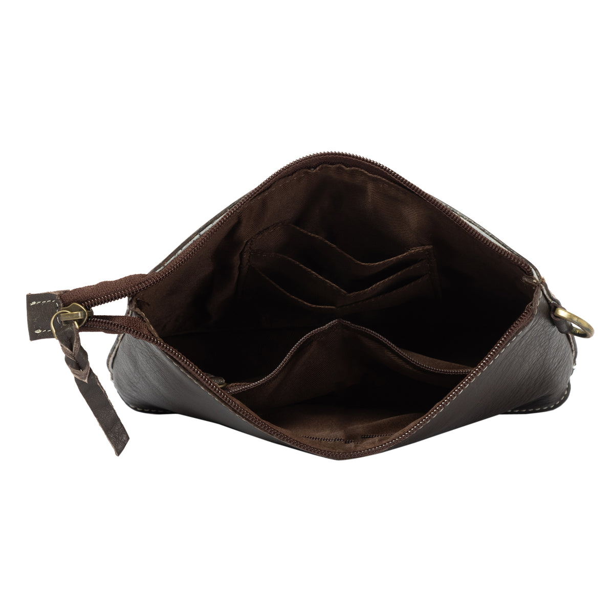 Brown leather pouch with a zipper on a white background