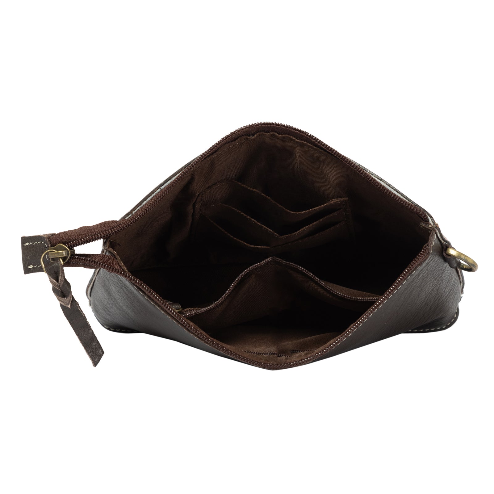 Brown leather pouch with a zipper on a white background