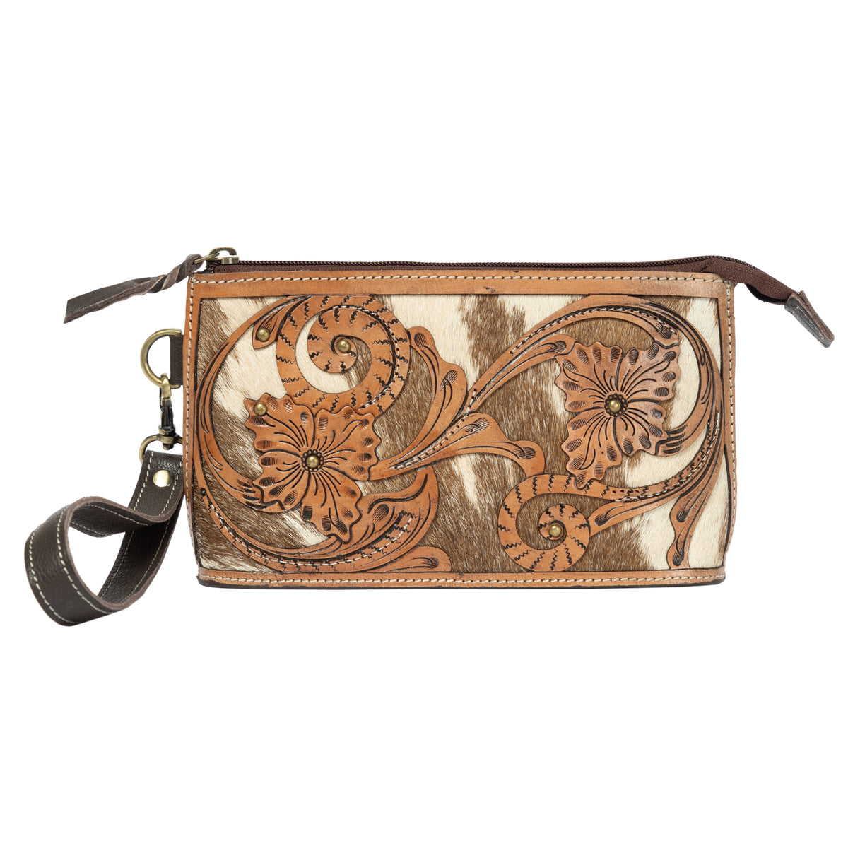 Brown leather clutch with floral patterns on a white background