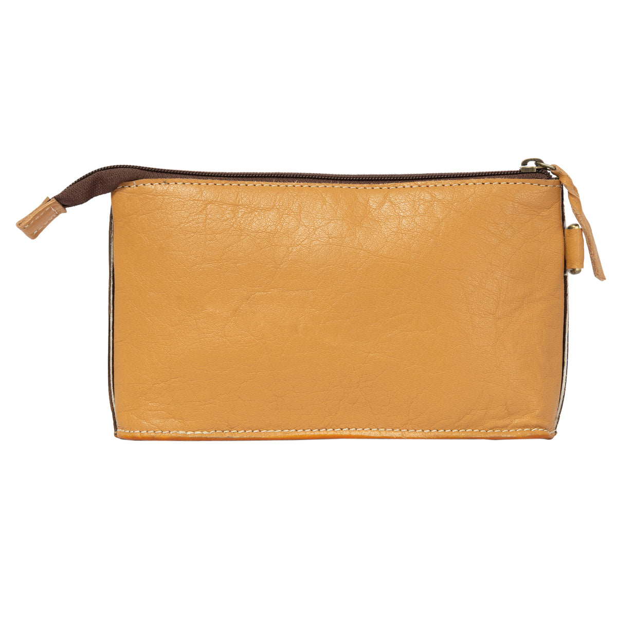 Tan leather pouch with a zipper on a white background