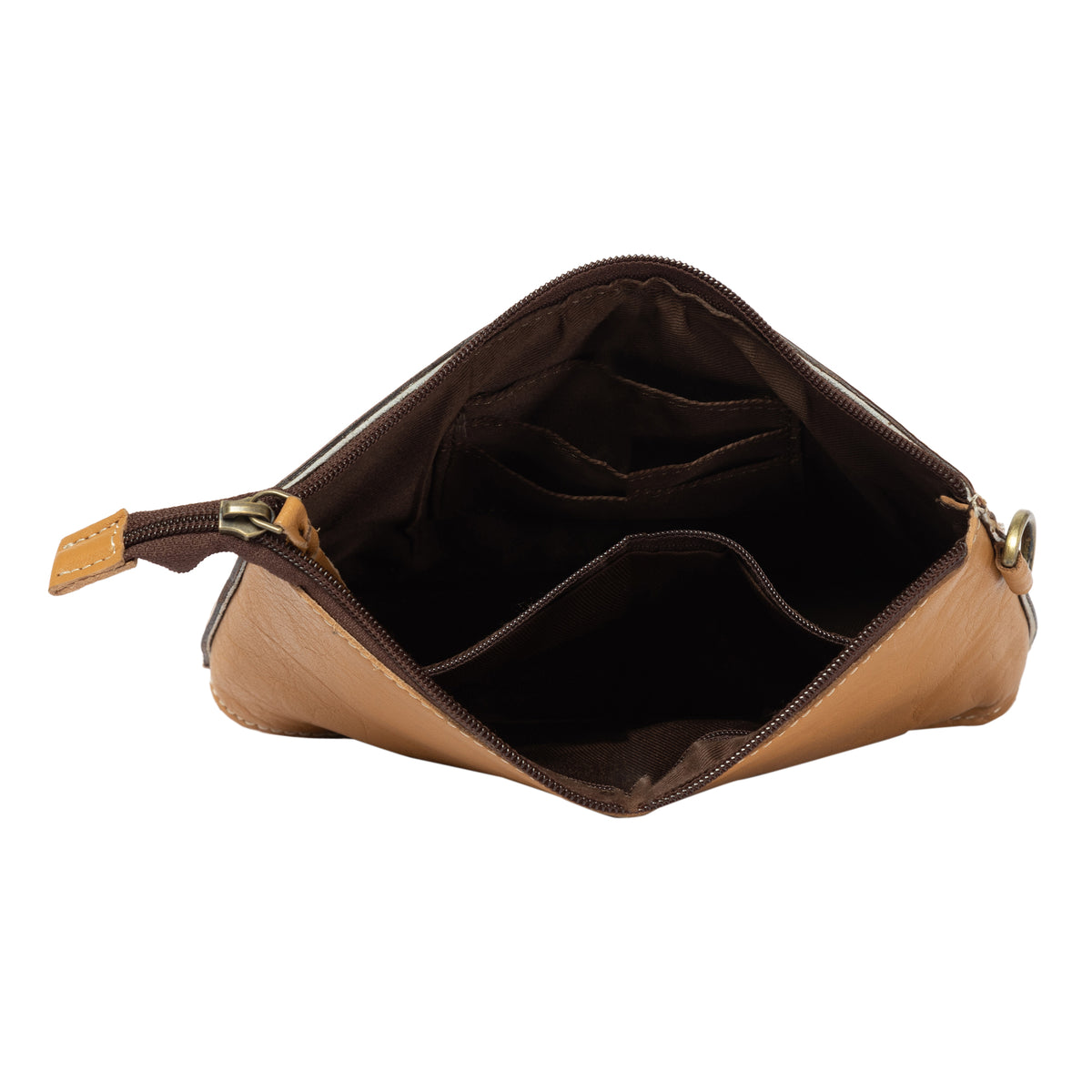 Brown leather toiletry bag with open zipper on a white background