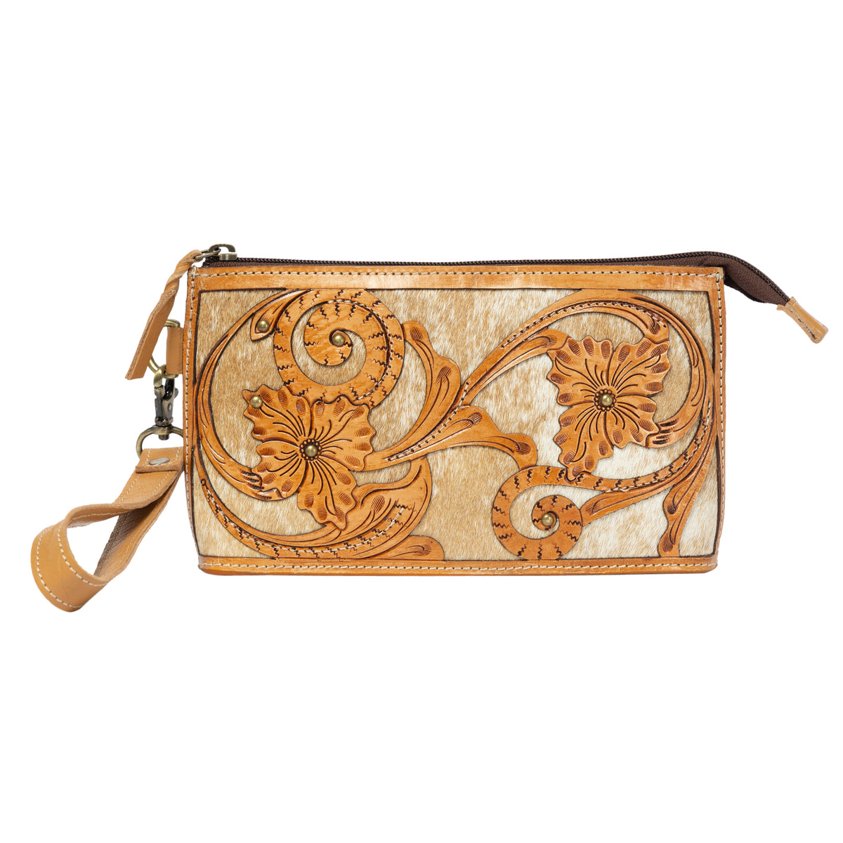Brown leather clutch with floral patterns on a white background