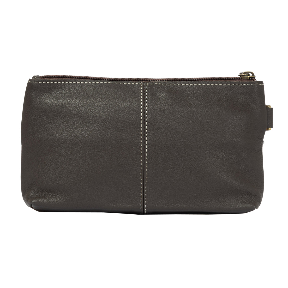Dark gray leather pouch with a gold zipper on a white background