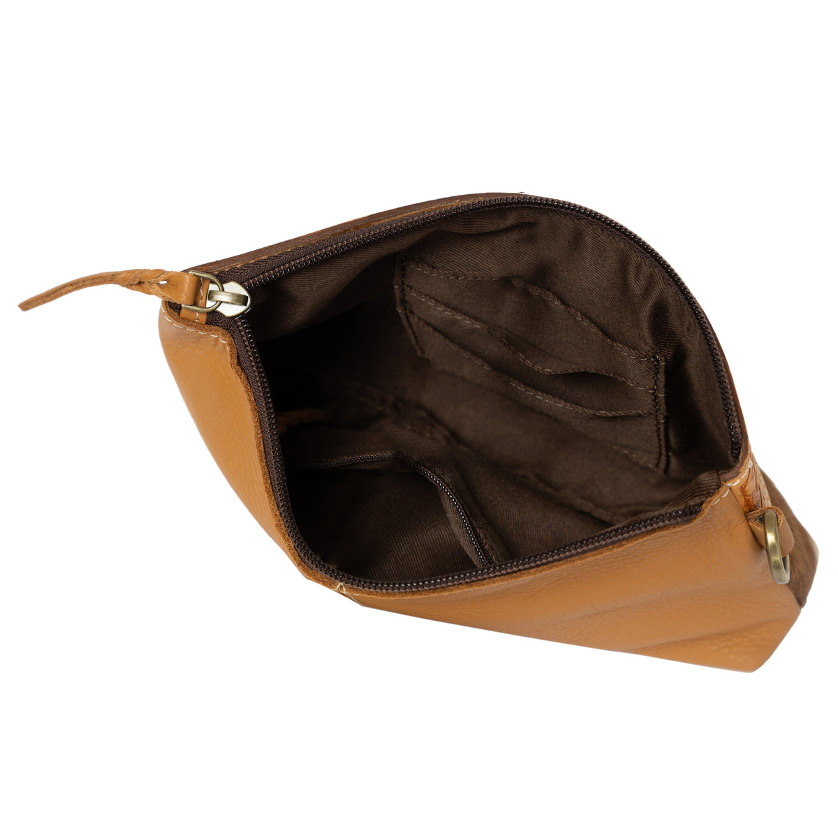 Brown leather pouch with gold zipper on a white background