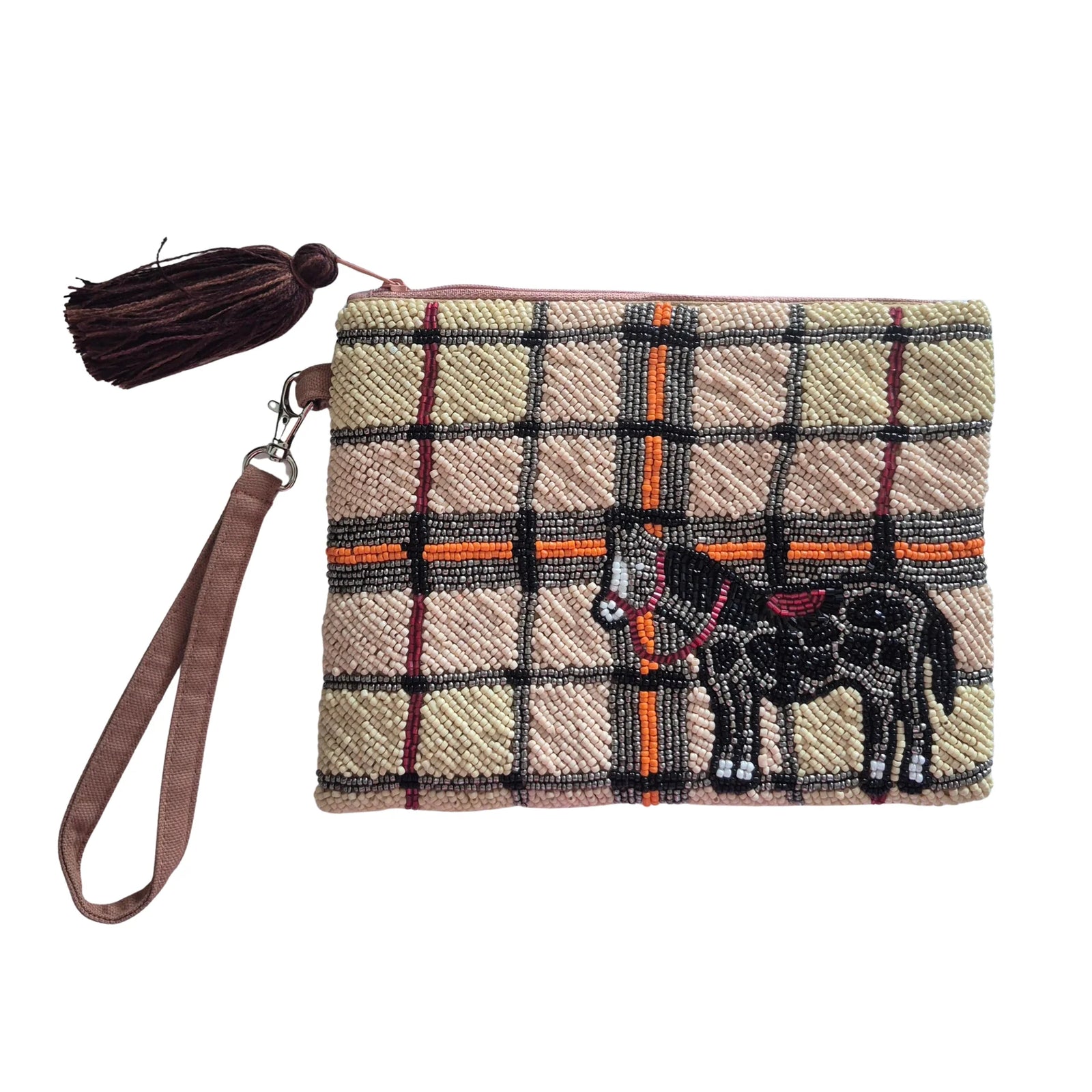 Plaid patterned pouch with a horse design and tassel on a white background