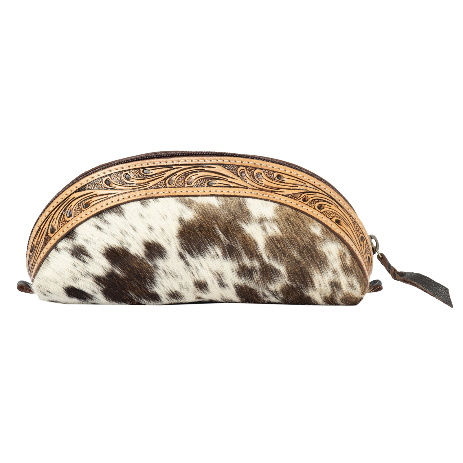 Cowhide and leather oval-shaped pouch on a white background