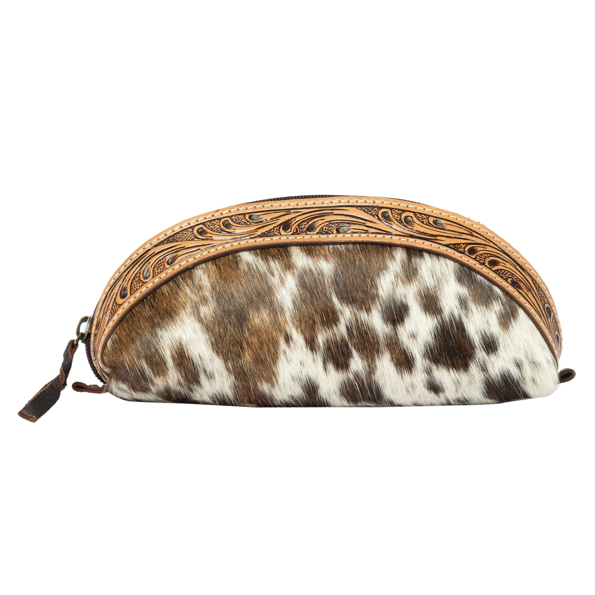 Round pouch with cowhide leather and decorative brown leather trim on a white background