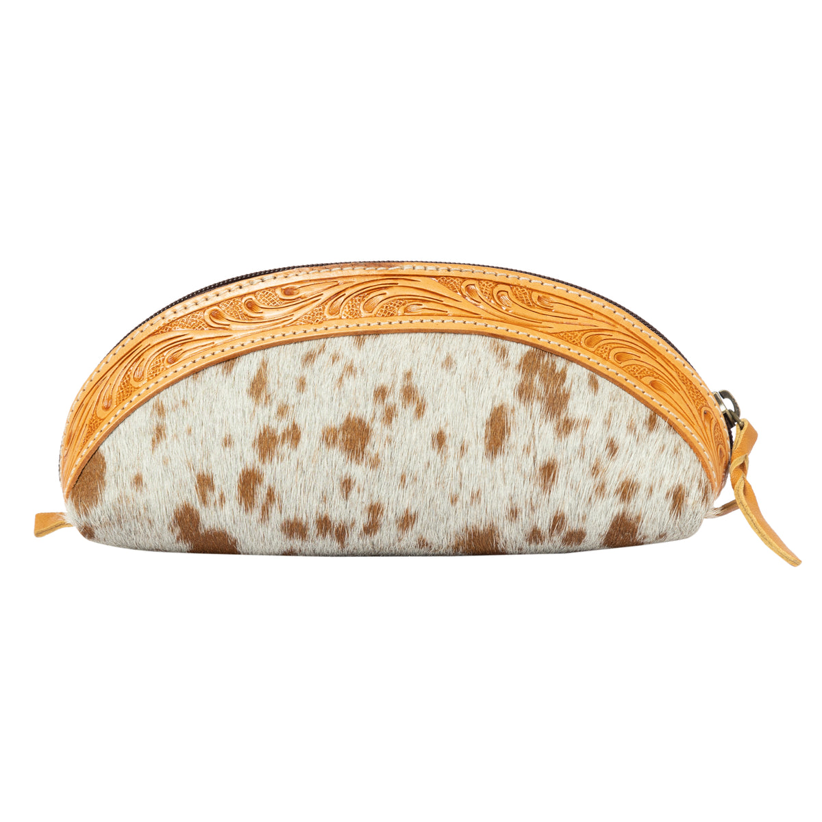 Cowhide leather pouch with decorative yellow stitching on a white background
