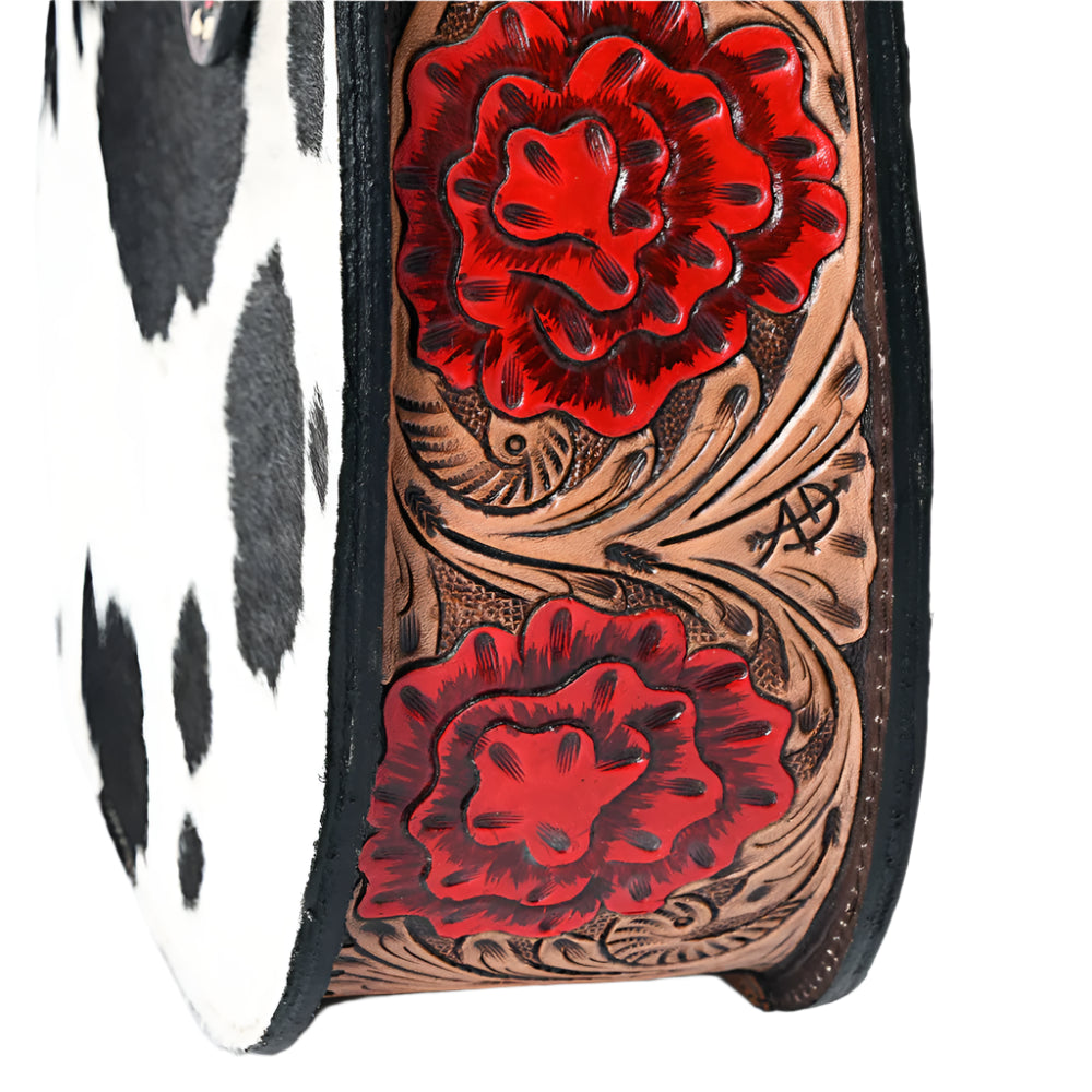 American Darling Cow hide western handbag with decorative tooled roses strap on a white background