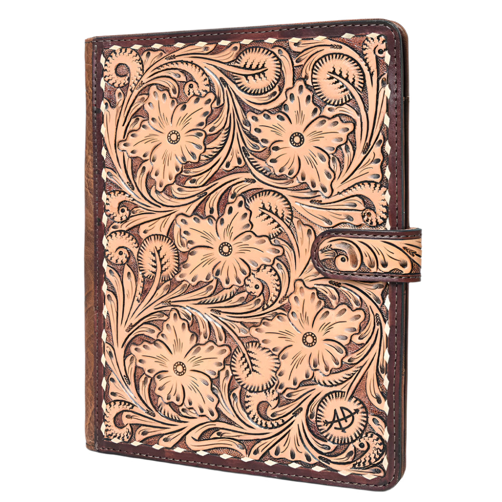 American Darling Handcrafted leather journal with floral patterns on a white background