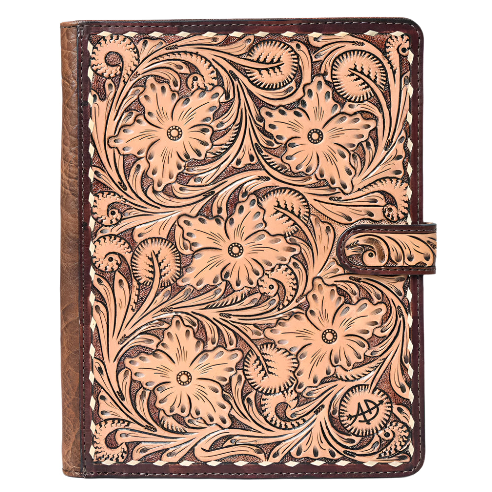 American Darling Handcrafted leather journal with floral patterns on a white background