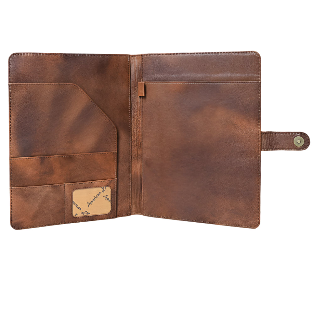 Inside of brown leather American Darling journal cover on a white background