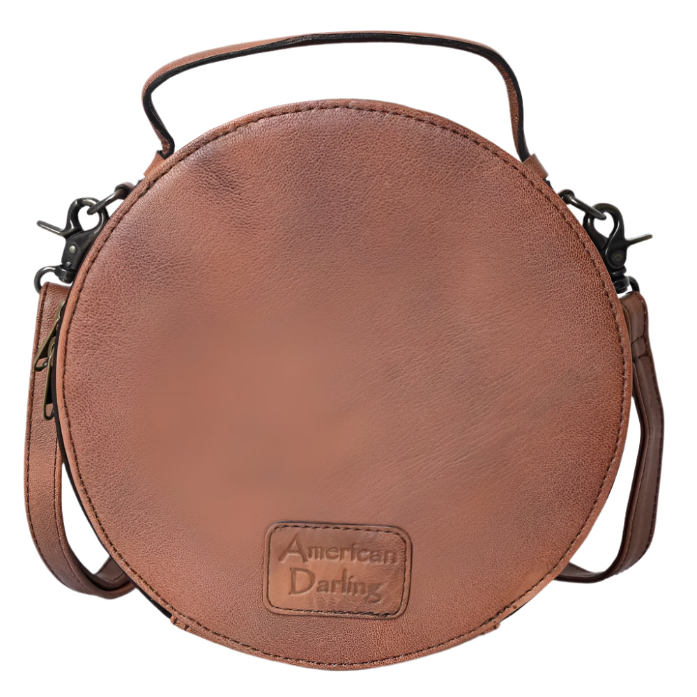 American Darling tooled leather western style handbag with a canteen shape, featuring a colorful floral and cactus pattern, solid brown background, and a brown leather shoulder strap.