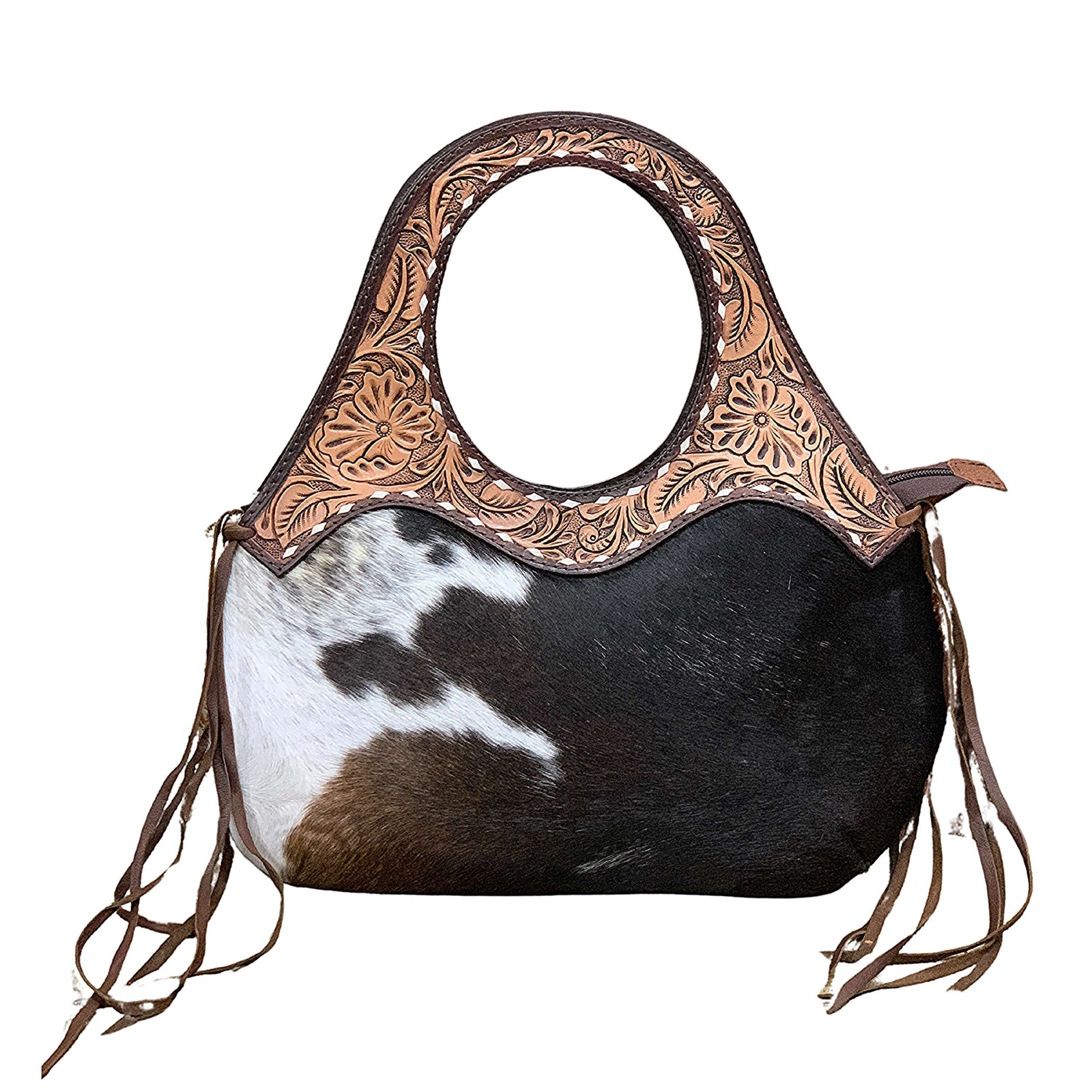 American Darling women's western handbag made of cowhide leather with a fringed design and detailed tooled leather handles.