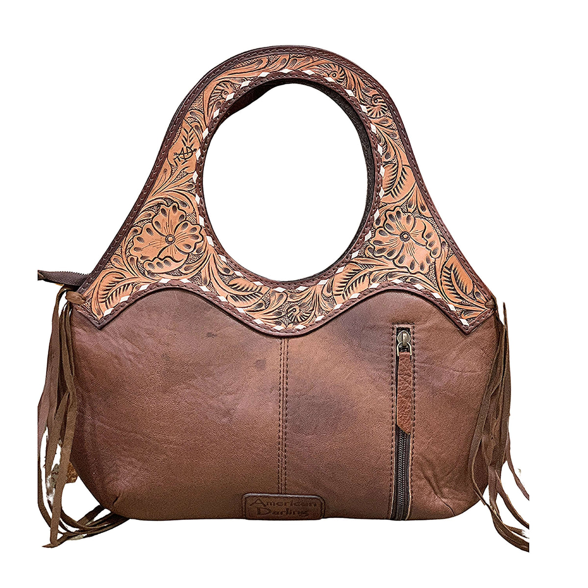 American Darling women's western handbag made of cowhide leather with a fringed design and detailed tooled leather handles.