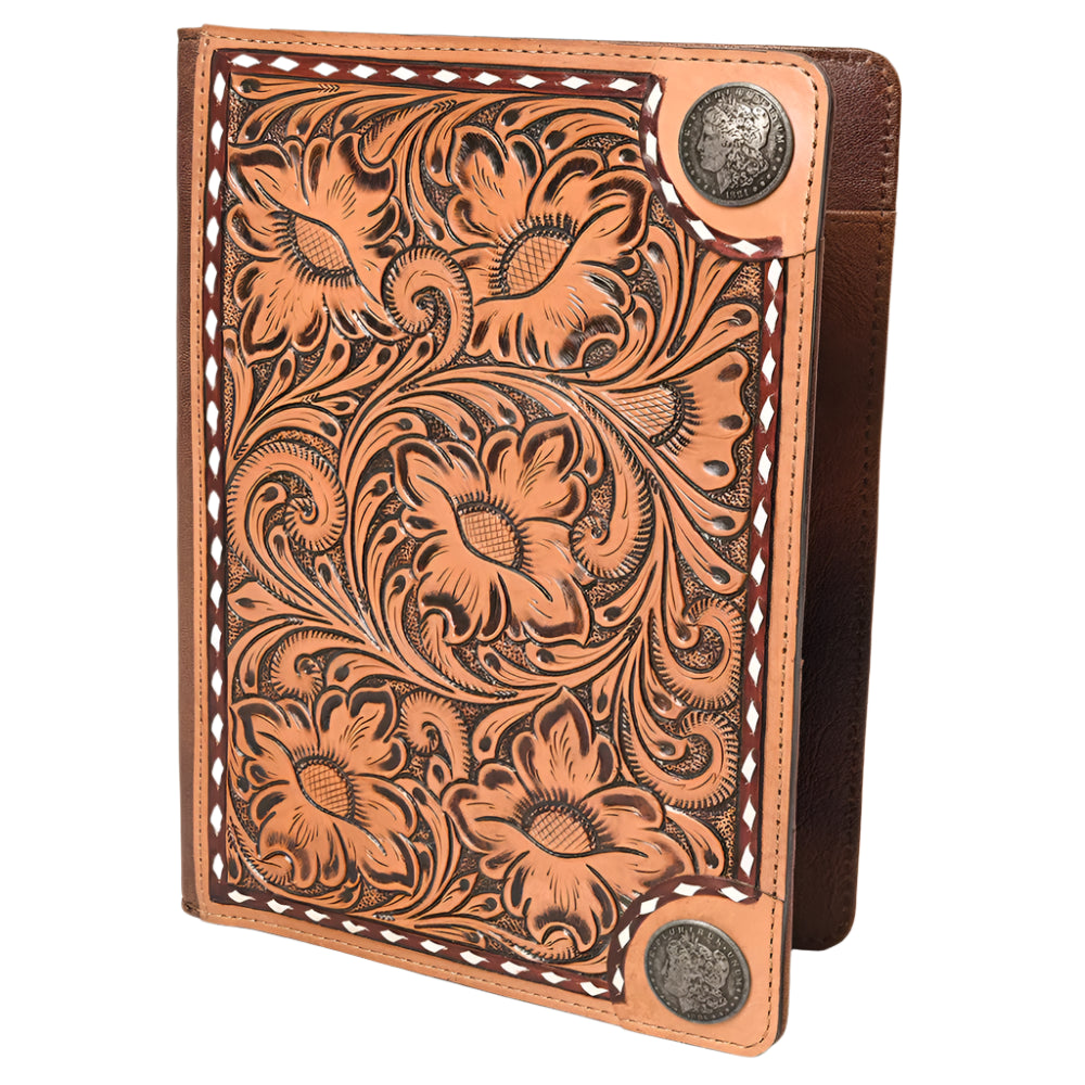 American Darling Brown leather folio with intricate floral patterns on a white background