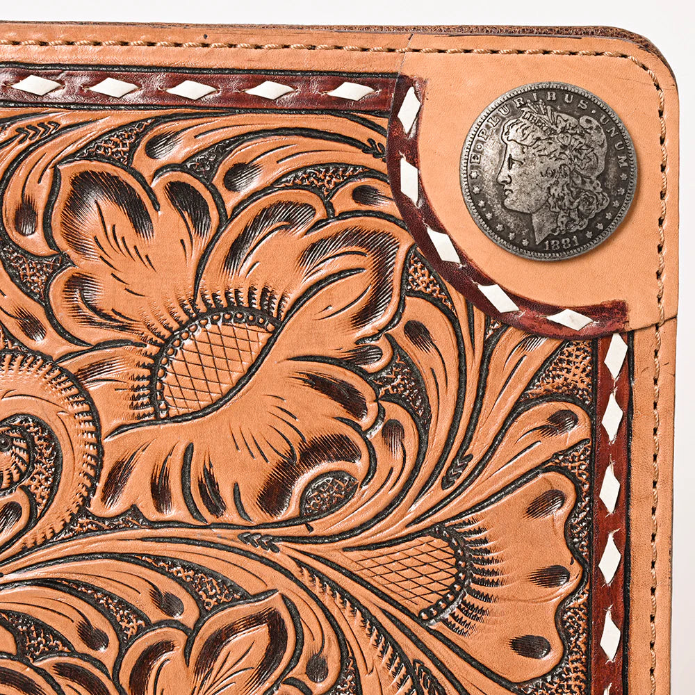 American Darling Brown leather folio with intricate floral patterns on a white background