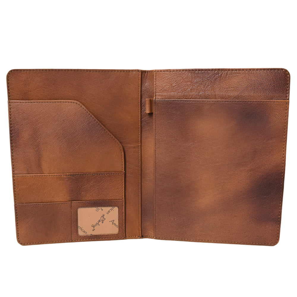 Inside of American Darling brown leather journal cover a white background