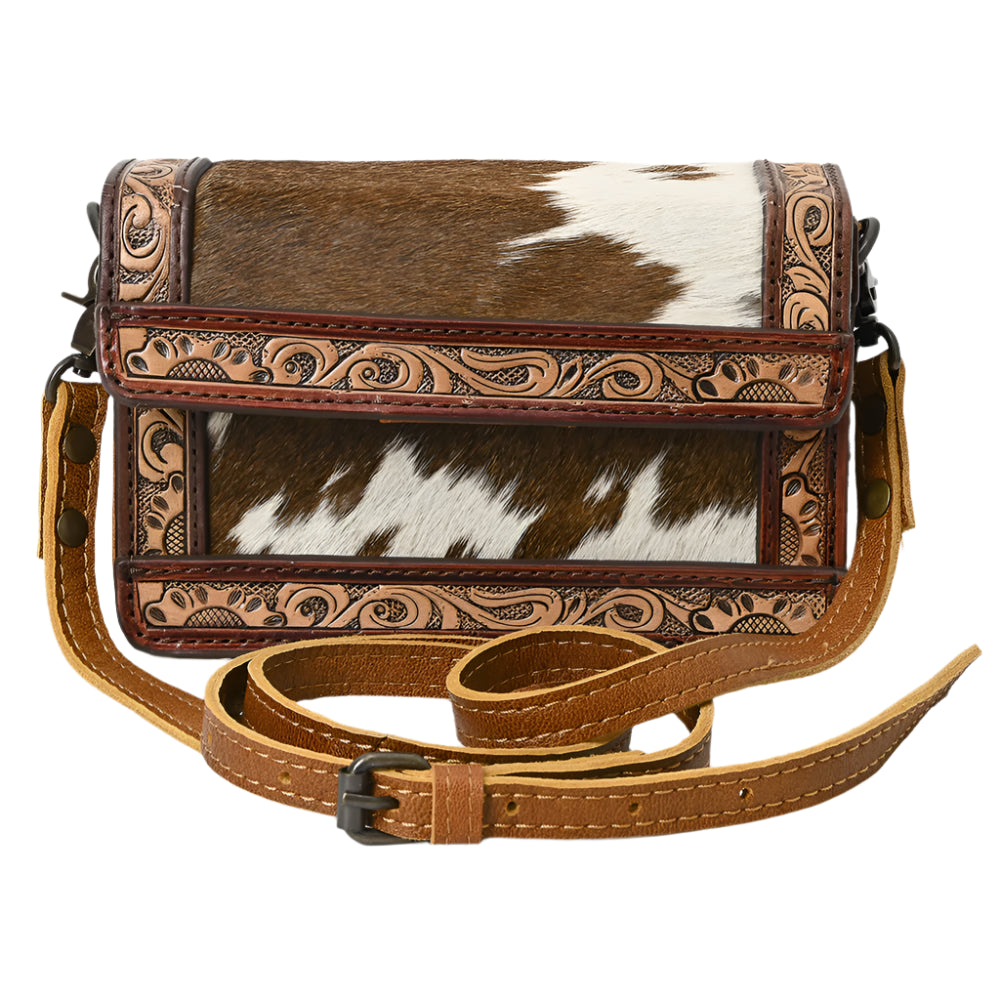 American Darling Brown leather western bag with cowhide pattern on a white background